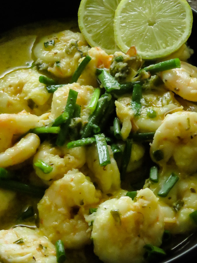 garlic buter shrimp served in a bowl.