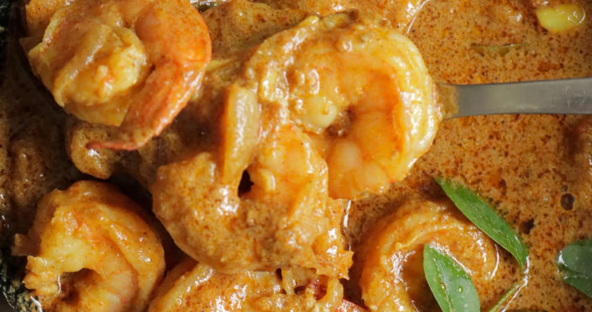 indian prawn curry cooked in a bowl