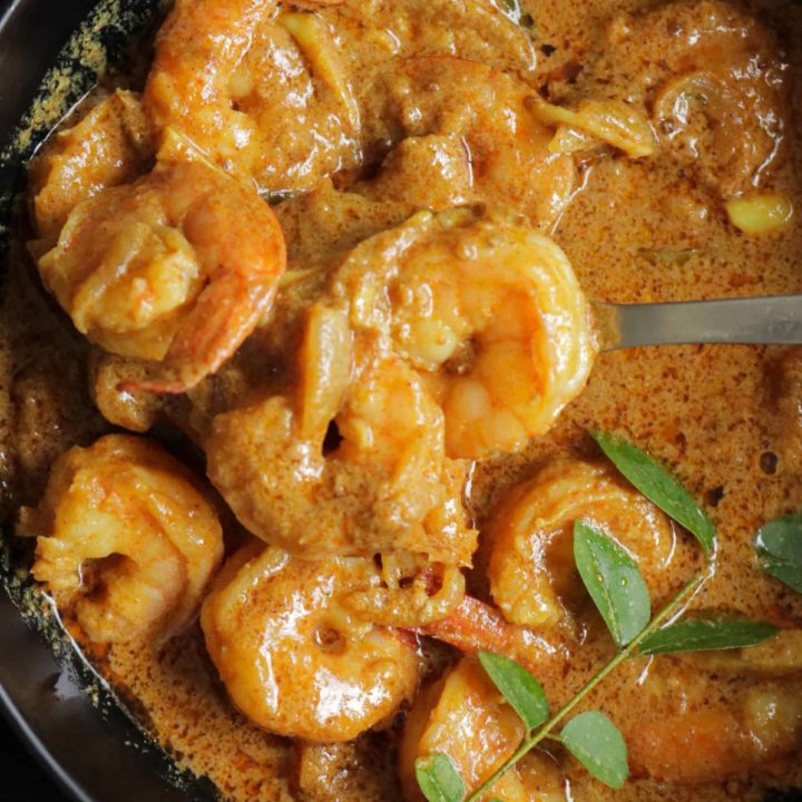 indian prawn curry cooked in a bowl