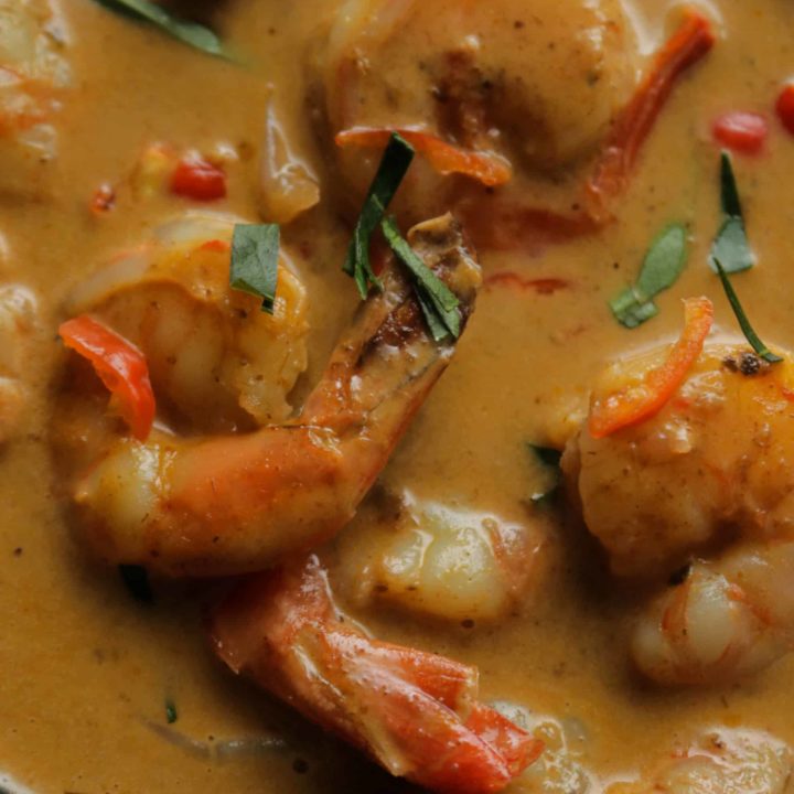 easy thai coconut shrimp curry served in a bowl.