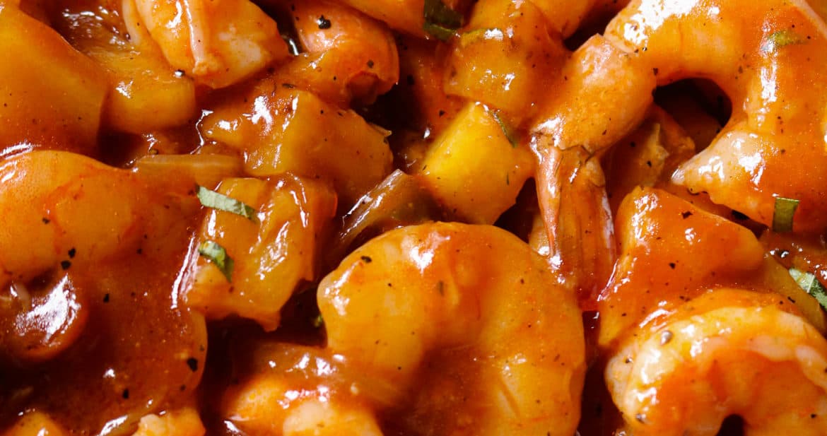 sweet and sour shrimp with pineapple.
