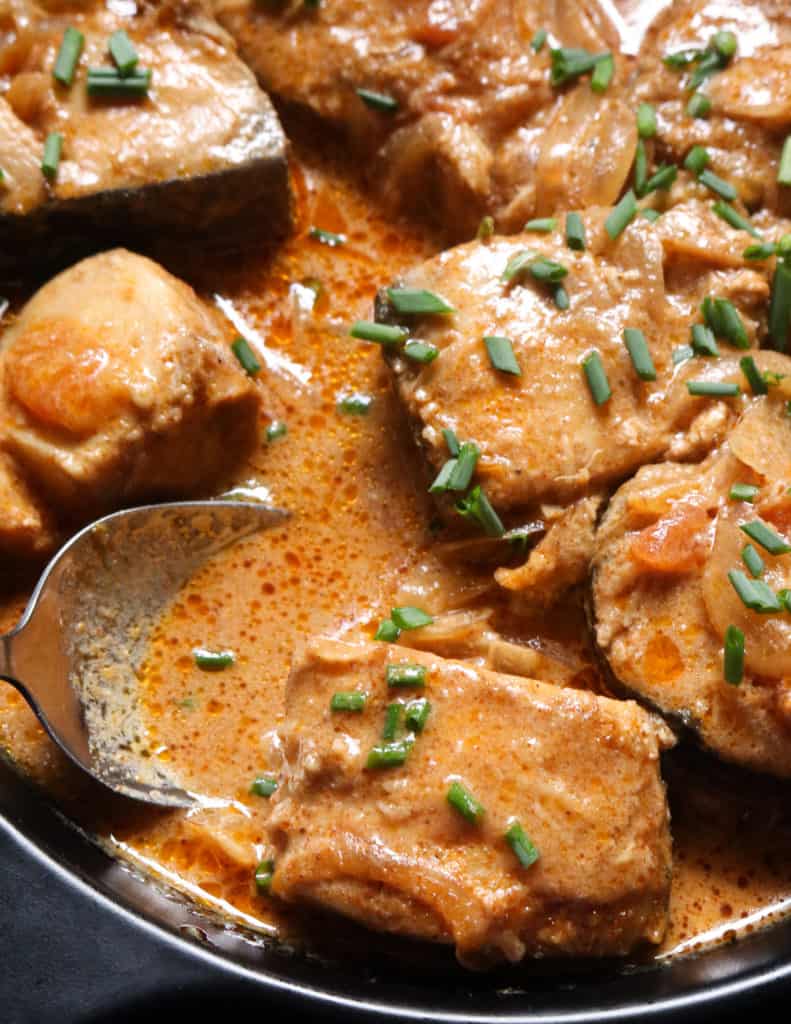 Mild Indian fish curry with chunks of fish and gravy with a spoon in the bowl.